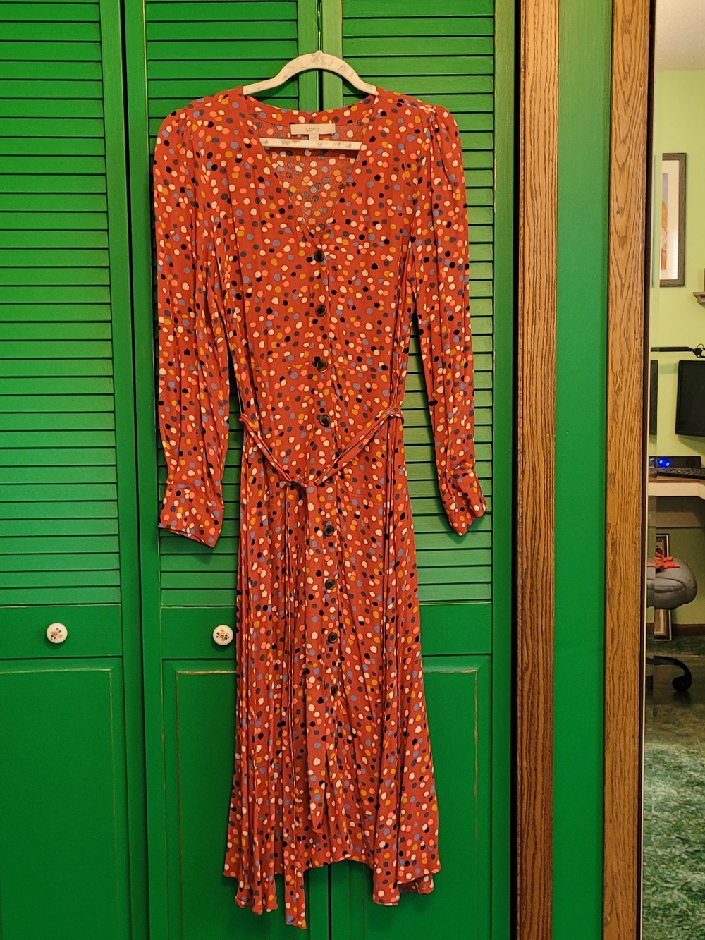LOFT Rust Polka Dot Long Sleeve Midi Dress